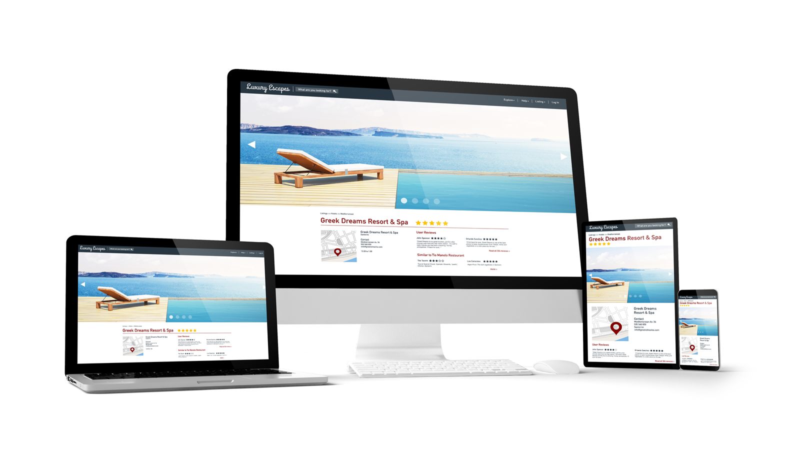 Travel booking site shown on a desktop, laptop, tablet and phone