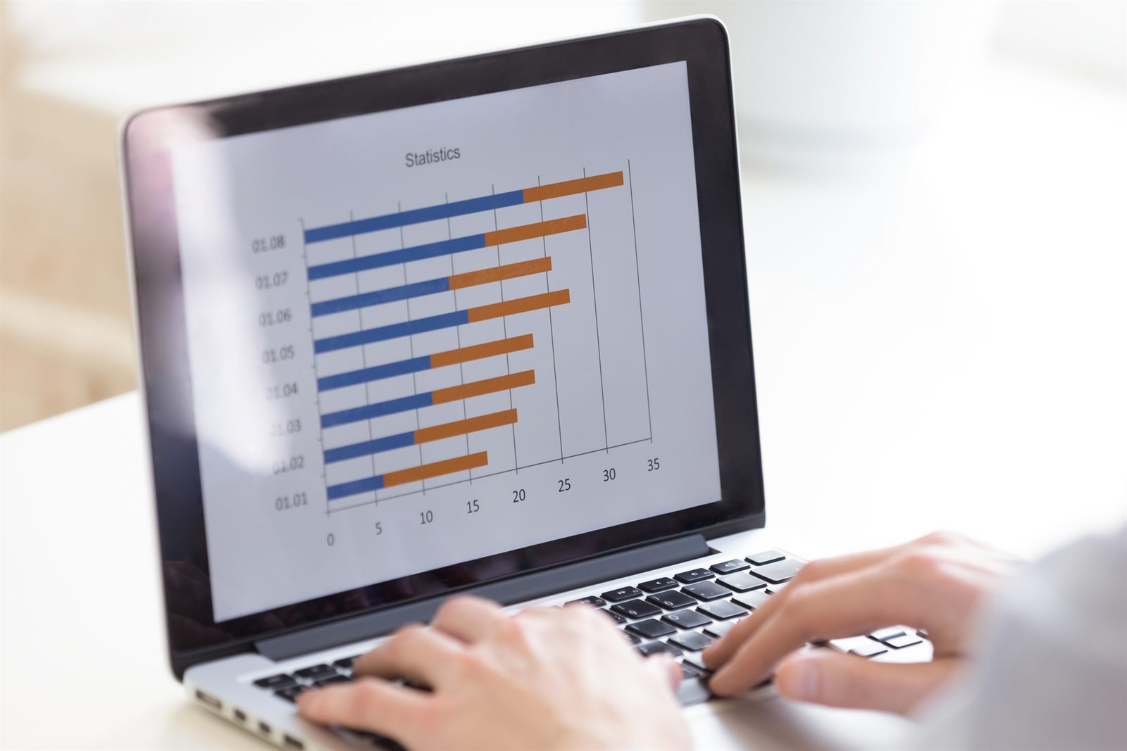Laptop screen showing a bar chart of figures